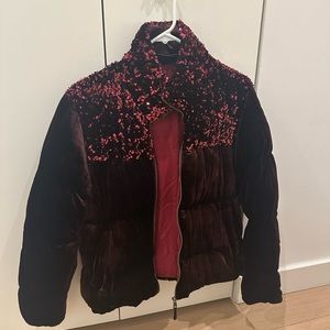 Maeve Anthropologie: Maroon puffer with sequins detail.
